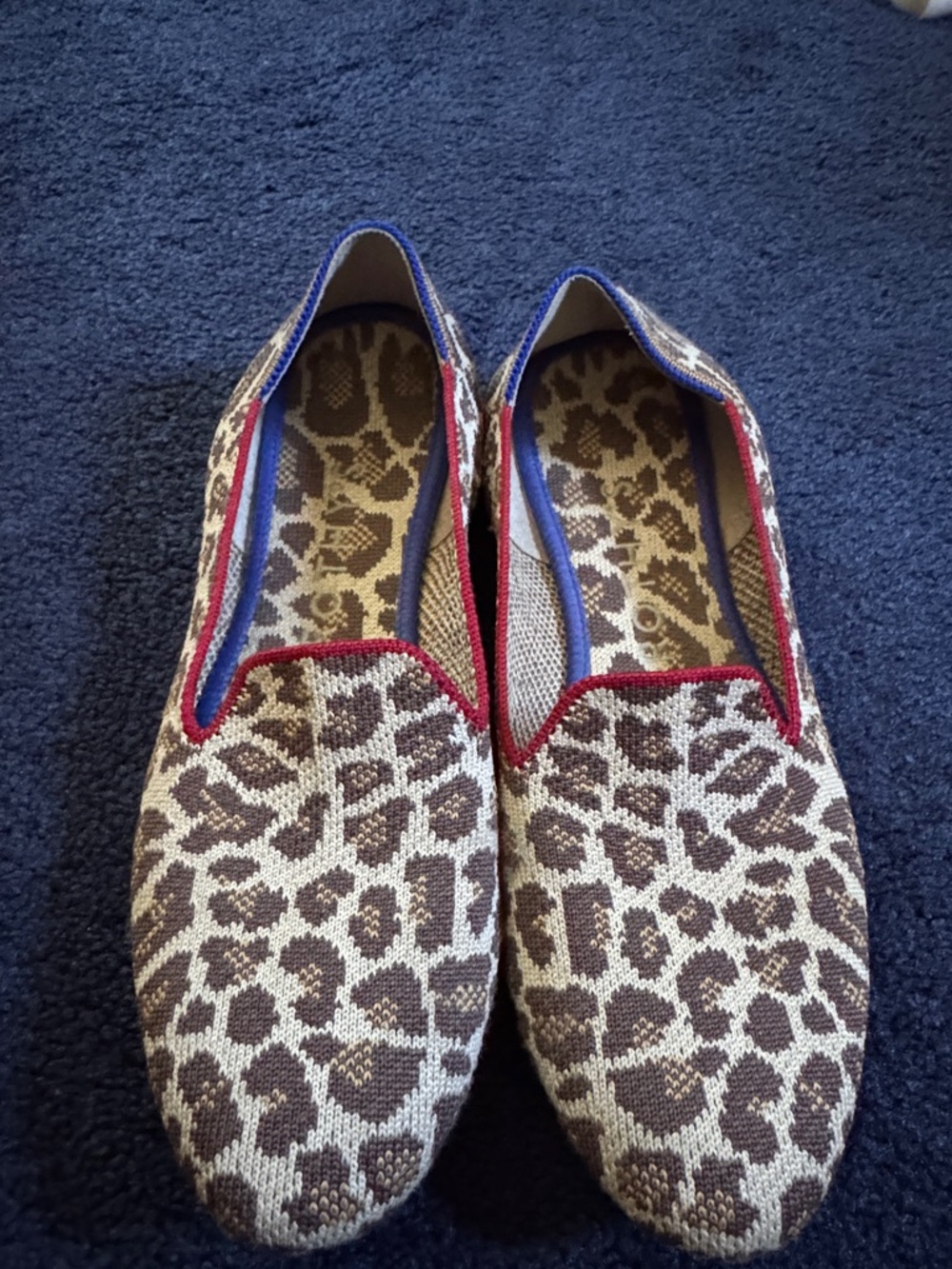 Rothy's Leopard Print Flats with Red and Blue Trim